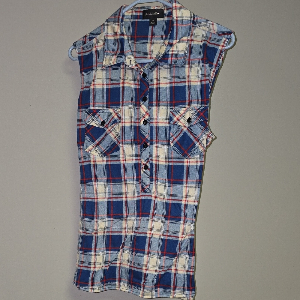 Sleeveless Plaid Button-Up Shirt